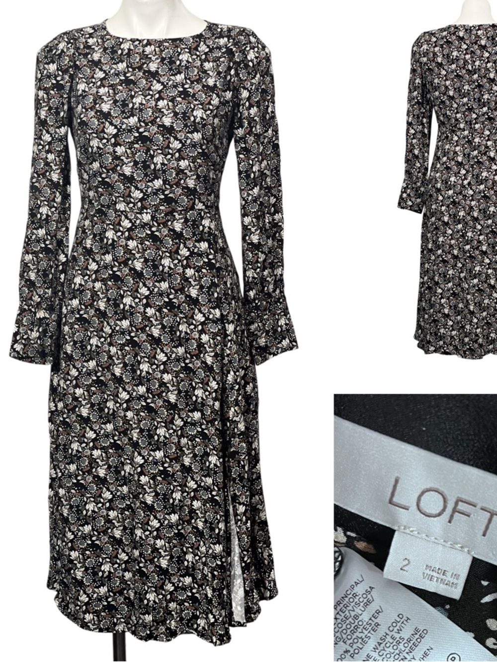 LOFT dress sz 2-6 Black Floral Long-Sleeve Midi w/ side slit